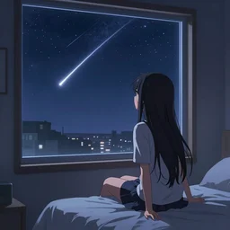 advanced digital anime art, pixiv, girl sitting under a slanted window on bed looking at the night sky as two meteors fly over leaving a light trail behind them.