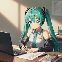 hatsune miku doing taxes drawn by gary larson