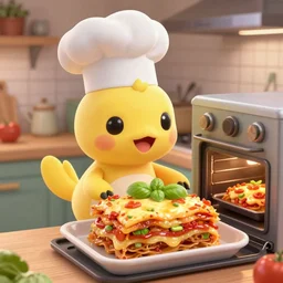 pixar style cute platypus on a kitchen wearing a chef hat and holding a lasagna into an oven, with three basil leaves over the lasagna, pixar style, 3 d, ratatouille style