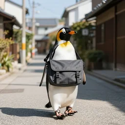 penguin wearing a messenger bag walking in a japanese neighborhood during a sunny day