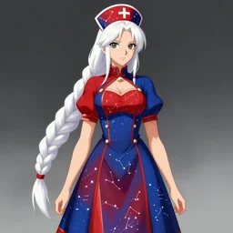 dr. eirin yagokoro is a tall female lunarian sage appearing in her late thirties with dark grey eyes and long white hair in a large single braid. she wears a red and blue two - tone dress decorated with constellations and wears a matching nurse cap, 4 k digital illustration by ross tran, andrei riabovitchev, marc simonetti, yoshitaka amano