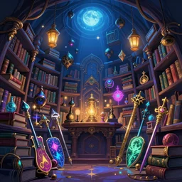a magicians chamber, filled with books, magic artifacs and magic weapons, lanterns, light from above, blue toned, low angle, colorful dream, glowing lights, epic fantasy, colorfully, detailed illustration, digital art, highly saturated colors, overdetailed art, concept art, detailed illustration, hd, 4 k, digital art, greg rutkowski, dan mumford, studio ghibli trending on artstation