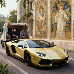 a tow truck pulling a lamborghini, hyper realistic, extremely detailed, raytracing, art by artgerm, greg rutkowski and alphonse mucha, artstation, octane render