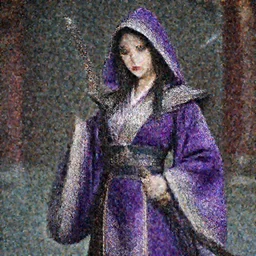 photograph of a real-life beautiful assassin with ornate purple robes and daggers.  Extremely detailed. 8k