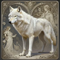 wide angle photography of a albino wolf, deep focus, d & d, fantasy, intricate, elegant, highly detailed, digital painting, artstation, concept art, matte, sharp focus, illustration, hearthstone, art by artgerm and greg rutkowski and alphonse mucha