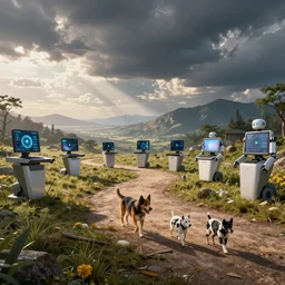 an amazing vista, computers, robots, dog, robots walking dogs, dogs walking robots