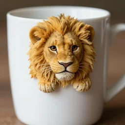 a tiny lion peeking his head out of a coffee mug, close up shot.