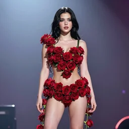 olivia wearing an outfit made from red roses, on center stage of a concert, lush black hair, average physique, freckled pale skin, photo by greg rutkowski, stage lighting, soft colors, female beauty, intricate detail, risque fashion, elegance, 3 5 mm, depth of field, masterpiece