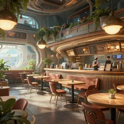 a futuristic cafe, style game square enix life, trending on artstation, painted by greg rutkowski, render naughty dog, octane render, detailed