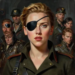 painting of scarlett johansson wearing an eyepatch, epic, tragic, military art, fantasy, dieselpunk, hd shot, digital portrait, beautiful, artstation, comic style, by artgerm, guy denning, jakub rozalski, magali villeneuve and charlie bowater