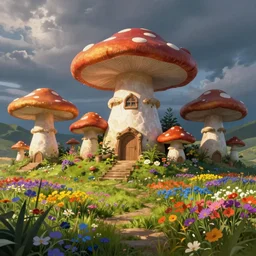 Realistic digital art of fantasy mushroom cottage village on a colorful meadow