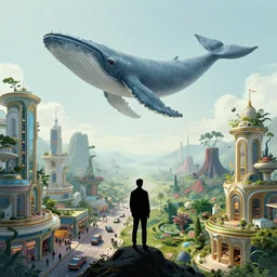 man flying silhouette overlooking a multiversal otherworldly realm with flying whale with chic streets and shops and lush volcanic garden and intricate luxurious scifi homes, allegorical style, by peter mohrbacher, jeremy mann, francoise nielly, van gogh, ross tran, beautiful, award winning scenery, clean details, serene
