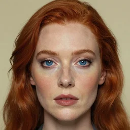 a portrait of a beautiful woman with blue eyes and red hair, highly surrealistic face portrait in the style of Salvador Dali and Jim Warren, highly detailed, trending on artstationhq