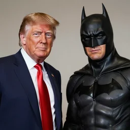 color photo of two Donald Trump and Batman, cinestill 800t, high quality, criterion collection