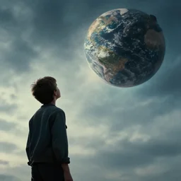 a boy look to sky saw a huge asteroid approach to earth, cinematic, hollywood standard, a film directed by christopher nolan