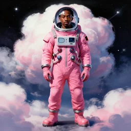 Full body portrait of Lil Uzi Vert wearing a pink spacesuit, art by Yoshitaka Amano, matte painting, trending on artstation, space clouds art