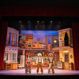 photo of a huge theaterstage, stage is decorated as 7 0 ties kitchen and living room, theater curtains are red, 3 actors in hippy costumes with big wigs standing on stage singing, 8 k, multicolored, exaggerated detailed, long shot