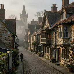a victorian dickensian village, tudor, art nouveau, baroque winding cobbled streets, style of arcane, magic the gathering, misty alleyways, tiled roofs, balconies, medieval tumbledown houses, st cirq lapopie, by ian mccaig, brian froud and mucha and alan lee