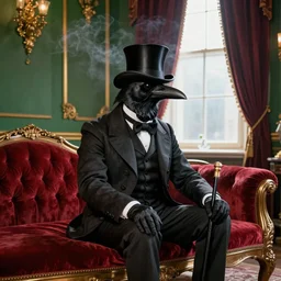 Anthro crow wearing a Victorian style suit, with top hat and cane, sitting in a smoking parlor by a window. Green walls with gold crown molding, red velvet Victorian style chaise lounge.