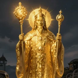 a golden priest with a power and a scepter in his hands