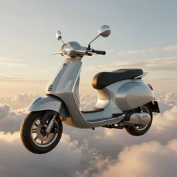 an epic fantasy detailed illustration of an unmanned flying robotic vespa scooter among the clouds by alejandro burdisio and michael whelan, industrial, hydraulics, prosthetics, 4K, golden hour hues