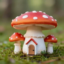 a tiny house in a white and red mushroom