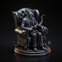 isometric view 2 8 mm miniature statue howard phillips lovecraft dressed suit sitting in tall leather armchair hold the cat on lap, big tentacle behind him, darkness, cast iron material, black background, octane render, backlight, highly detailed intricate matte sharp focus digital painting artstation pixiv