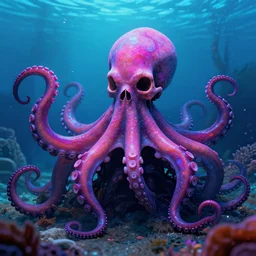 psychedelic neon highly detailed octopus monster with skull head and big tentacles on ocean floor background0.95, by Greg Rutkowski, shot on 70mm, realism, 4K HD, trending on Artstation