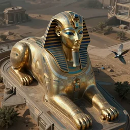 an scene of a beautiful intricate epic futuristic hyper detailed cyber sphynx of egypt, cinematic lighting, bird's - eye view