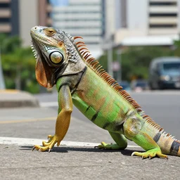 a massive green iguana attacking a city