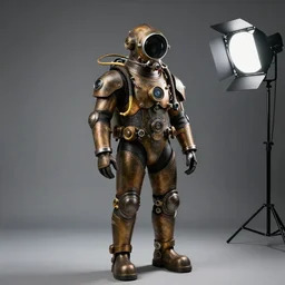studio photo still of a tritonia atmospheric steampunk diving suit, 8 k, studio lighting, key light from right side,