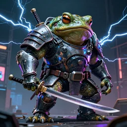 a wide shot, photo of a huge humanoid toad-man with a katana, in a heavy futuristic armour without a helmet, toad head, hyper realistic, hyper detailed, coherent photo, trending on artstation, cyberpunk, Japanese style, volumetric lightning, neon, electric colours, Cinematic, Dramatic, Film Grain, Kodak Portra, Depth of Field, 15 mm octane render, 8k, raytracing, blender