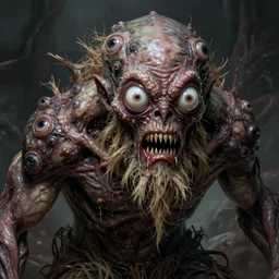 Dark fantasy Painting of a hulking muscular EXTRATERRESTRIAL flesh creature with big bulging eyes, white milky eyeballs, skin covered in boils with fish eyes with drool dripping from its mouth, hr giger muscles, straw-like beard growing from face, disgusting, creepy, unsettling, horror, upper body, intricate, wild, highly detailed, digital painting, artstation, concept art, smooth, sharp focus, illustration, art by artgerm and greg rutkowski and alphonse mucha