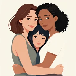 beautiful portrait of a young mixed race lesbian couple hugging, 2 8 4, romantic, highly detailed, smooth, stylized, medium shot, vector line art, clean cel shaded vector art, by lois van baarle, ross tron, artgerm, helen huang, makoto shinkai, ilya kuvshinov, rossdraws