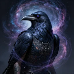 a wlop 3 d render of very very very very highly detailed beautiful mystic portrait of a phantom undead raven with whirling galaxy around, tattoos by anton pieck, intricate, extremely detailed, digital painting, artstation, concept art, smooth, sharp focus, illustration, intimidating lighting, incredible art,