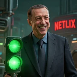 erdogan laughing, lcgsociety, green lights in the foreground and a netflix sign in the background, dystopian art, by industrial light and magic, vfxfriday, 3 d render 8 k, detailed