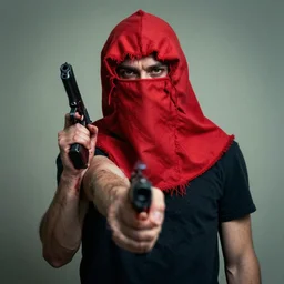man wearing a red sack over his head holding a gun, bloody, looking at the camera