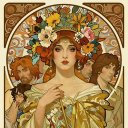 face portrait of a beautiful mysterious chinese empress with flowery headgear, by eve ventrue, michael carson, andreas rochas, john watkiss, casey weldon, artgerm. art nouveau. tarot card by mucha. gloomhaven. swirly intricate linework background. gaudy colors, sharp edges. octane render