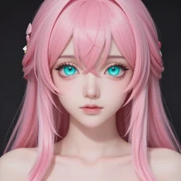 stunningly beautiful omnipotent anime goddess with smooth porcelain skin, pink hair and mesmerizing cyan eyes, symmetrical, 8 k