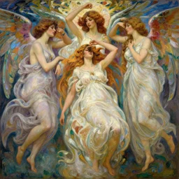 a safe for work, neo classical facial detail digital painting illustration studio portrait of a harem of dark beautiful seraphim females energy in an artistic pose resting in nature, monet painterly motives and textures pattern, hyper detailed, octane render, vivid colors, artstation, by jeremy mann, by alphonse mucha, by monet, neo classical painting of heaven aesthetics