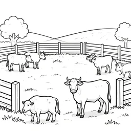 farm animals in a fenced area, black and white, coloring book, line drawing