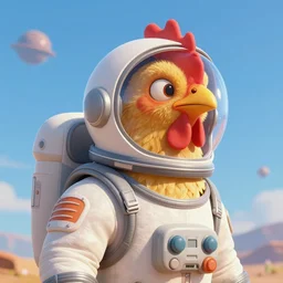 a lonely chicken wearing a space suit without helmet in a alien planet, profile picture, digital art, concept art, trending on DeviantArt, highly detailed, high quality, 4K, cartoon, high coherence, path traced, blue sky in the background, octane render, digital painting, no helmet, masterpiece