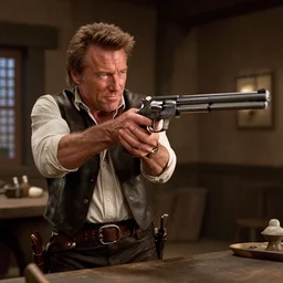 film still of clint eastwood from the good the bad and the ugly aiming a colt in a tavern scene in new star wars movie 4 k