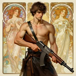 a samurai holding a machine gun, au naturel, intricate, hyper realise, digital art, artstation, concept art, smooth render, sharp focus, ian sprigger, artgerm, greg rutkowski, alphonse mucha, william adolphe bouguereau