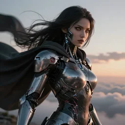 closeup portrait of a diabolical epic beautiful female cyborg girl, cloak cape on the wind, adaptive armor, dynamic pose, heavy eyes to the side, by navanh chanthara, glowing veins and cracks, in clouds, sunset, portrait, by gerald brom, by mikhail vrubel, by peter elson, muted colors, extreme detail, reflections, trending on artstation, 8 k