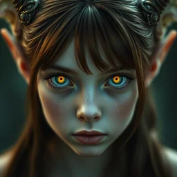 portrait of a nymph, innocent, glowing eyes, elf ears, macro head shot, mystery, symmetrical face, exif, beautiful, art by wlop and artgerm