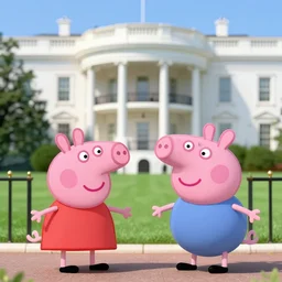 a photorealistic picture of donald trump meeting peppa pig outside the white house