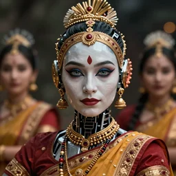 a stunning ultra detailed fantasy fine art portrait photo of a robot from ex machina movie dressed as an indian classical dancer, by tom bagshaw, wlop and natalie shau, 3 5 mm lens, golden ratio composition, deep depth of field, perfect eyes and face, cyberpunk, soft lighting, artstation, 8 k