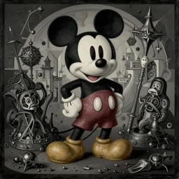 deconstructed rugged mickey mouse dark ritual renaissance mysterious magical object illustrated by by goya and escher and hogarth, inspired by magritte, illusion surreal art, highly conceptual figurative art, intricate detailed illustration, flat acrylic painting, monumental dynamic illustration, surreal art, detailed illustration
