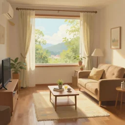 a digital painting of a cozy room with a nice view,